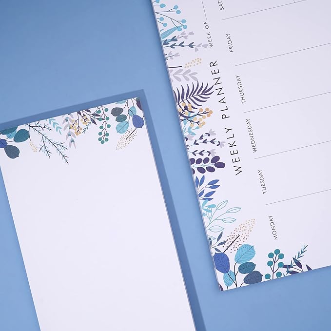 Weekly Planner Notepad Tear Off Set of 2 Weekly Calendar Pad 52 Undated To Do List Notepad Sheets Desk Planner Planning Pads Productivity Tracker for Work Goals Notes Schedule Ideas, Floral Blue