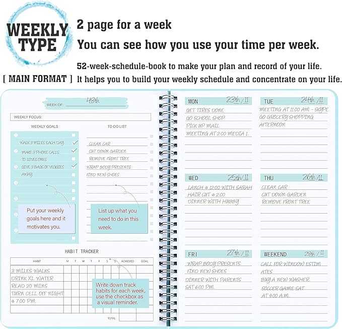 Weekly Planner with Habit Tracker Undated 52 Weeks To Do List Notebook Teacher Academic Weekly Planner Notebook for Weekly Goals Work Planner, 5.8" x 8" - Blue