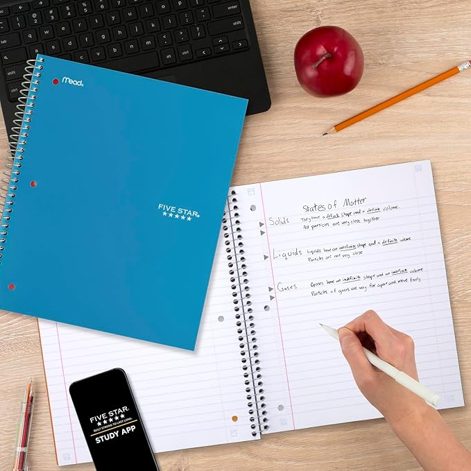 Five Star Spiral Notebooks + Study App, 4 Pack, 1 Subject, Wide Ruled Paper, 10-1/2" x 8", 100 Sheets, Amethyst Purple, Raspberry Pink, Gray and Tidewater Blue (930105-ECM)