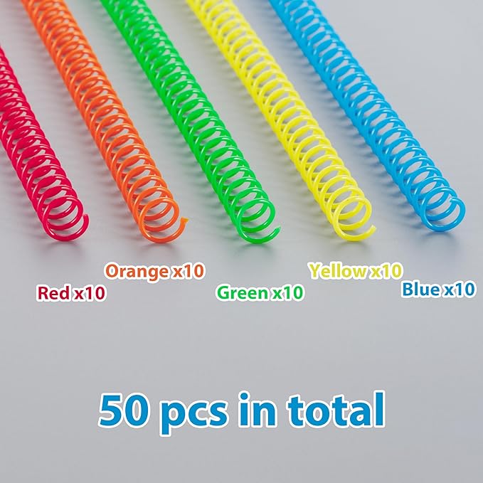 TOTiyea 50 Pack Plastic Spiral Binding Coils, 3/8 Inch (10mm), 4:1 Pitch, Assorted Colors, Plastic Binding Spirals (Red, Orange, Yellow, Blue, and Green)