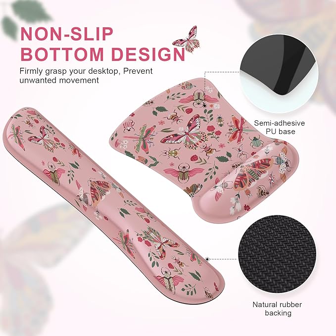 iCasso Ergonomic Mouse Pad with Wrist Rest, Keyboard Wrist Rest Mouse Wrist Rest, Made of Memory Foam, Easy Typing and Relieve Wrist Pain, Perfect for Computer Keyboard Office(Pink Butterfly)