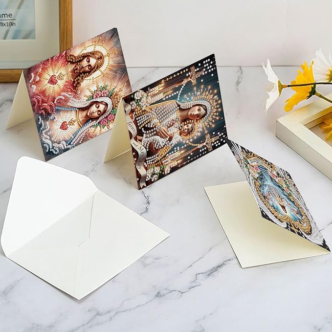 6 Pcs 5D Rhinestone Painting Greeting Cards Kits, Handmade Festival Greeting Cards with Envelopes Holographic Laser Effect DIY Diamond Art Crafts Birthday Cards for Birthdays Celebrations (Religion)
