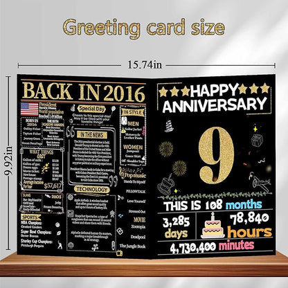 Joycard 9th Anniversary Card for Women Men, Gold Wedding Card for Wife Husband, Sweet Marriage Decorations Gifts for Couple, Perfect for Her Him on Anniversary Day, Back in 2016