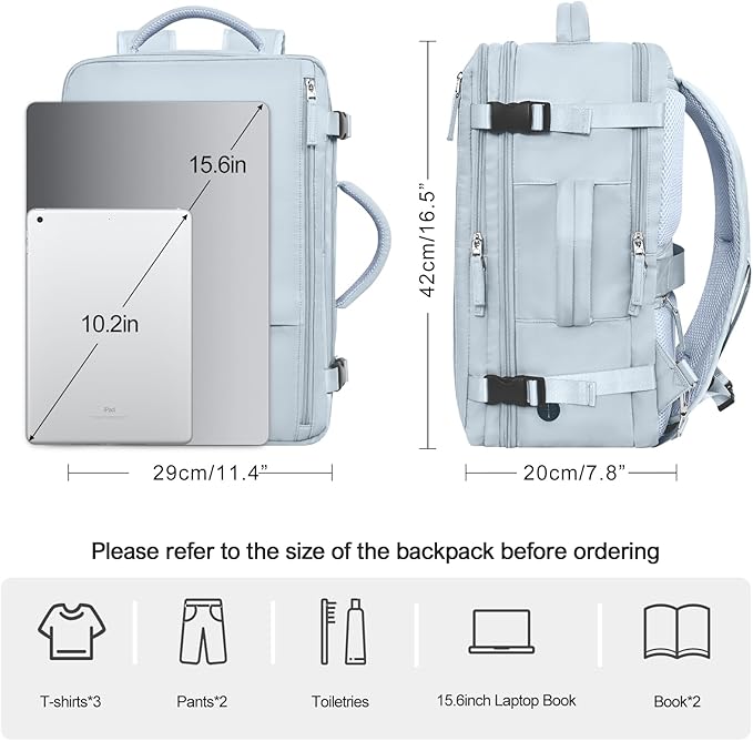 Travel Backpack for Men Women, TSA Friendly Flight Approved Carry-on Luggage Hand Backpack Underseat Personal Item, Business Work Gym Bag, Travel Essentials, Light Blue