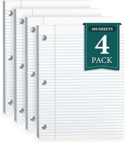 College Ruled Loose Leaf Paper, 3 Hole Punch Paper 8 x 10.5, Notebook Paper, Filler Paper for 3 Ring Binders, Lined Paper College Ruled, 100 Sheets/Pack Writing Paper With Lines (4 Pack)