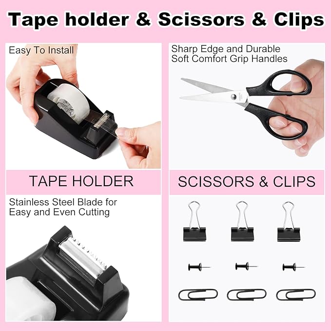 Black Desk Organizers and Accessories 10Pcs Set with 360-Degree Rotating Pen Holder, Tape Dispenser, Stapler, Staple Remover, 1000 Staples, Tape, Clips Set, Ruler, Scissor, Pen