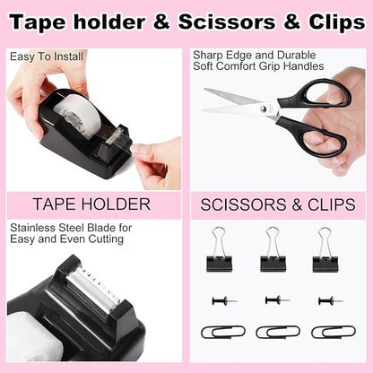 Black Desk Organizers and Accessories 10Pcs Set with 360-Degree Rotating Pen Holder, Tape Dispenser, Stapler, Staple Remover, 1000 Staples, Tape, Clips Set, Ruler, Scissor, Pen