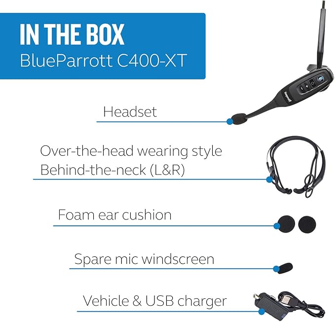 BlueParrott C400-XT Trucker Bluetooth Headset – Industry Leading Sound with Long Wireless Range & Extreme Comfort for All-Day Wear - Ideal for Anyone On-The-Go, Up to 24 Hours of Talk Time, Black