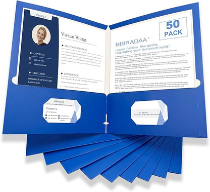 BIBRADAA® 50 Packs Blue Paper Folders with Pockets,Paper Folder Surface with Waterproofing,Letter Size,Holds 100 Plus Sheets,for School,Office,Business. (50, Dark Blue)