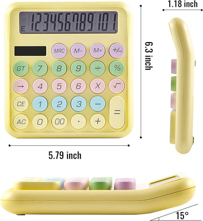Golcellia Calculators Desktop, Yellow Mechanical Calculator, Cute Calculator 12 Digit Desk Basic Calculator Large Display, Dual Power Solar Battery, Office Home School Supplies for Adults & Students
