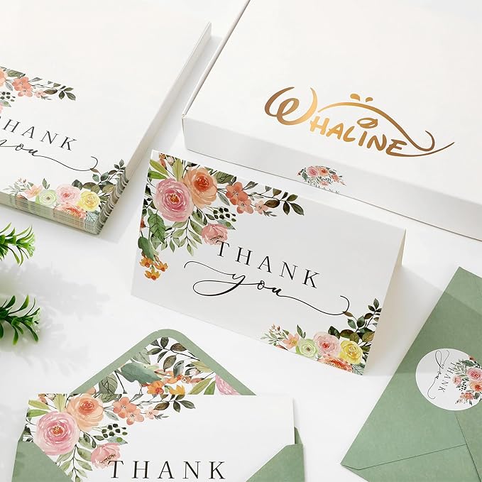 Whaline 50 Pack Floral Thank You Cards Boxed Watercolor Flower with Green Leaves Blank Note Cards with Envelopes Stickers Greeting Cards for Spring Wedding Birthday