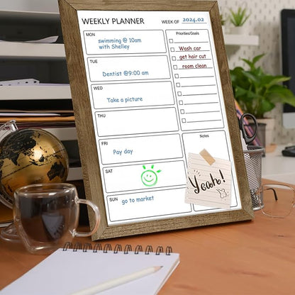 Dry Erase White Board Weekly Calendar Board, Magnetic Whiteboard for Wall,10.5“x14.5 Solid Wood Rustic Brown Framed Message Board, Planner Board for Office, Home, Schooll(Weekly-BB-RB-2737)