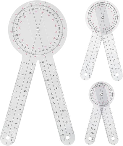 Goniometer Set 3 Pieces of 6/8/12 Inch Occupational Physical Therapy Protractor Tool Measurement Angle Ruler Kit Plastic 360 Degree Universal (3pc)