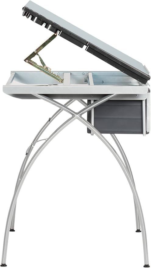 SD STUDIO DESIGNS Futura Crafting, Drafting, Drawing Adjustable Top Hobby Table Writing Studio Art Desk with Drawers, 38''W x 24''D, Tempered, Silver/Blue Glass