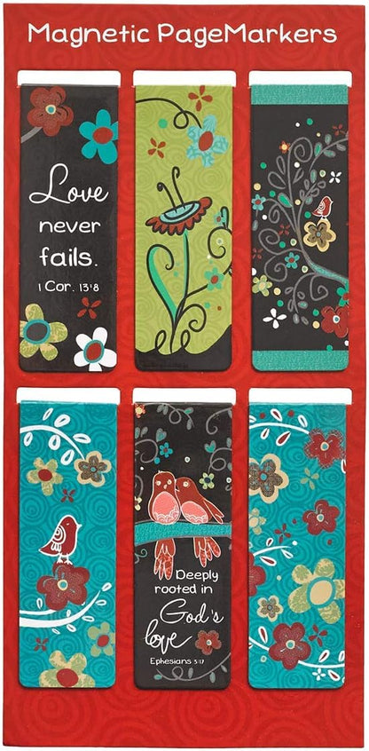 Christian Art Gifts Magnetic Scripture Bookmark Set with Bible Verse: God's Love Never Fails - Inspirational Magnetic Pagemarkers Set of 6 for Bible and Books, Floral Themed Bookmark, Size 2.3" x 0.8"