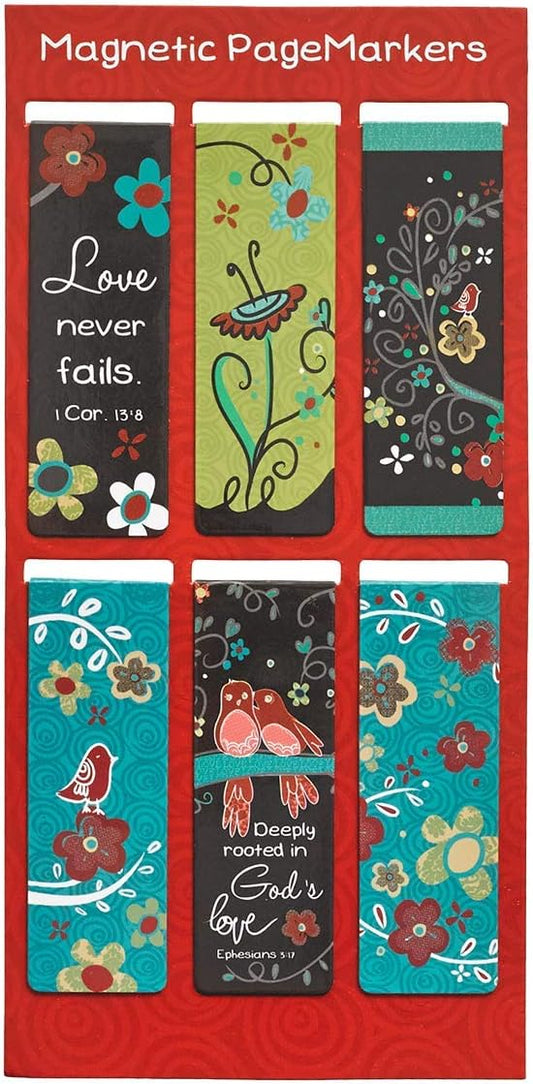 Christian Art Gifts Magnetic Scripture Bookmark Set with Bible Verse: God's Love Never Fails - Inspirational Magnetic Pagemarkers Set of 6 for Bible and Books, Floral Themed Bookmark, Size 2.3" x 0.8"