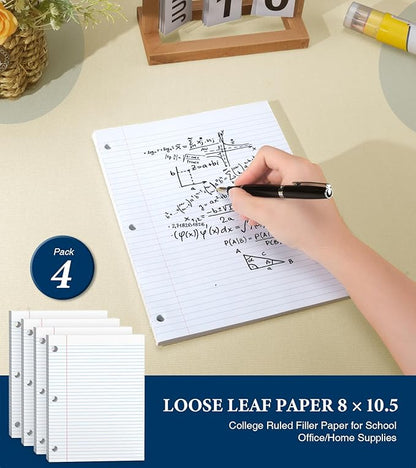 College Ruled Loose Leaf Paper, 3 Hole Punch Paper 8 x 10.5, Notebook Paper, Filler Paper for 3 Ring Binders, Lined Paper College Ruled, 100 Sheets/Pack Writing Paper With Lines (4 Pack)