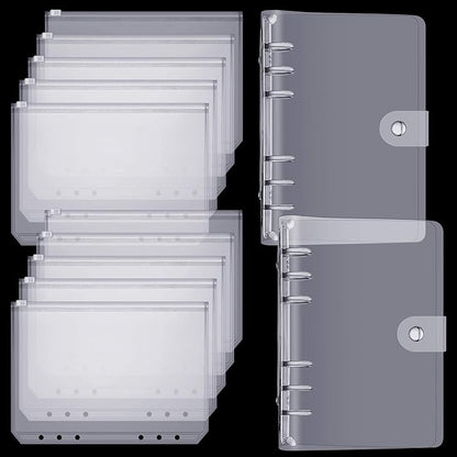 10 Pieces A6 Binder PVC Cover with 2 Pieces Clear PVC Zipper Binder Pockets, Waterproof 6-Ring Budget Binder Envelopes System Budget Planner Organizer for School Office