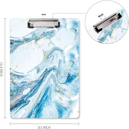 Blue Clipboard, Cute clipboard, WAVEYU Letter Size Clipboard with Low Profile Clip, Retractable Key Hole for Hanging Paperboard for Office School, Teal Marble (12.5"x9")