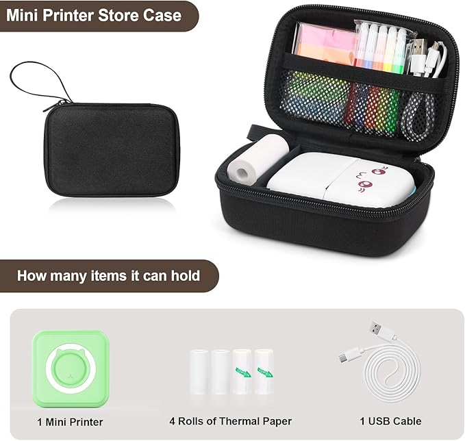 QYCHHJ Mini Printer Carrying Case for Phomemo T02/Memoking/HUIJUTCHEN Mini Sticker Printer, Portable Hard Travel Case for Label Maker, Thermal Printer Paper, Small