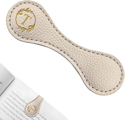 ABTOLS Magnetic Leather Initial Bookmarks, Vintage Initial ID Identification Book Marker Clip Gift Beige Capital Letter Book Markers for Book Lover Avid Readers (T)