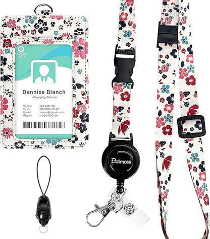 bolimoss ID Badge Holder with Adjustable Lanyard and Retractable Reel, Cute Flower Leather Card Name Tag Lanyard Vertical ID Protector Bage Clips for Nurse Doctor Teacher Student
