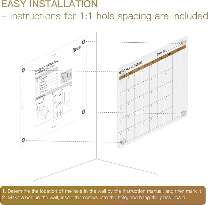 SELEAD Magnetic Glass Whiteboard Monthly Planner - 32”x24” Large Wall Calendar Dry Erase White Board, TODO Memo Bulletin Board for Home School Office - White&Gold