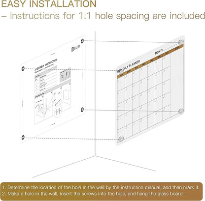 SELEAD Magnetic Glass Whiteboard Monthly Planner - 32”x24” Large Wall Calendar Dry Erase White Board, TODO Memo Bulletin Board for Home School Office - White&Gold