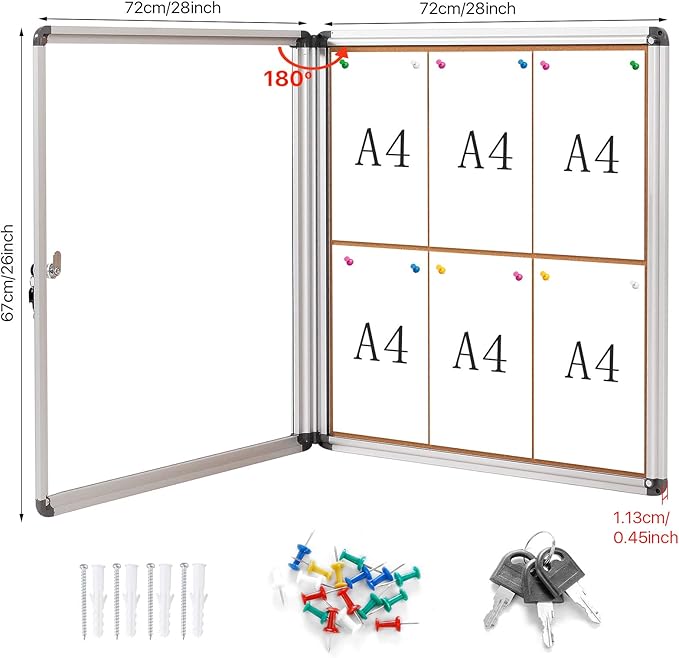 SWANCROWN Enclosed Cork Bulletin Boards Wall-Mounted Noticeboard Protective Display Case for Retail School Apartment 28x26 inch (6xA4)
