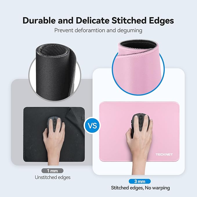TECKNET Mouse Pad with Anti-fray Stitchin, Waterproof Surface & Non-Slip Rubber Base with Stitched Edges Gaming Mouse Mat for Laptop，Compatible with Laser and Optical Mice - Pink