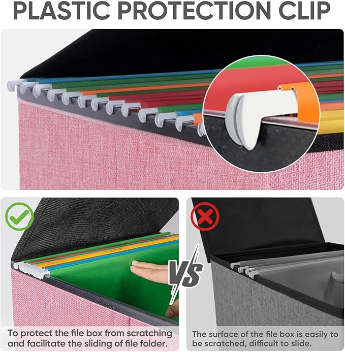 BALEINE File Organizer Box with Lid, Collapsible File Folder Organizer with Plastic Slide, Hanging File Folder Box for Office Document Storage (1 Pack, Pink)