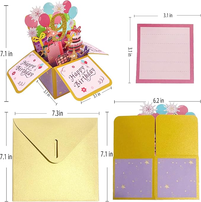 Asmallgf Happy 9th Birthday Pop Up Card for Daughter Niece, Funny 9 Years Old Birthday Gifts for Girl Boy, Sweet 9 Birthday Gift Ideas for Him Her