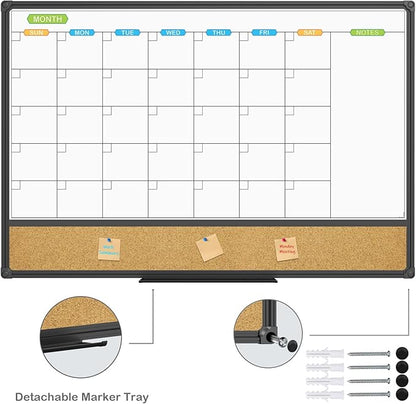 JILoffice Magnetic Calendar Whiteboard & Bulletin Corkboard Combination, Combo Board 36 x 24 Inch, Black Aluminum Frame Wall Mounted Board for Office Home and School with 10 Push Pins