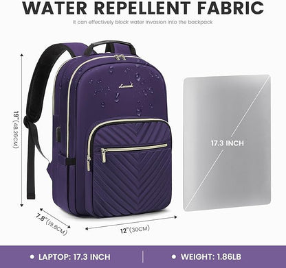 LOVEVOOK Laptop Backpack for Women 17.3 inch,Cute Women Travel Backpack Purse,Professional Laptop Computer Bag,Waterproof Work Business College Teacher Bag Carry on Backpack with USB Port,Royal Purple
