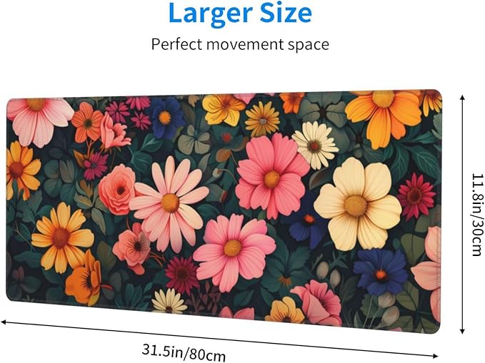 Gaming Mouse Pad Desk Pad,Extended Big Mouse Pad,31.5x11.8 Inch Long Computer Keyboard Mouse Mat Mousepad with 3mm Non-Slip Base and Stitched Edge for Gaming and Office… (Pink Flower)