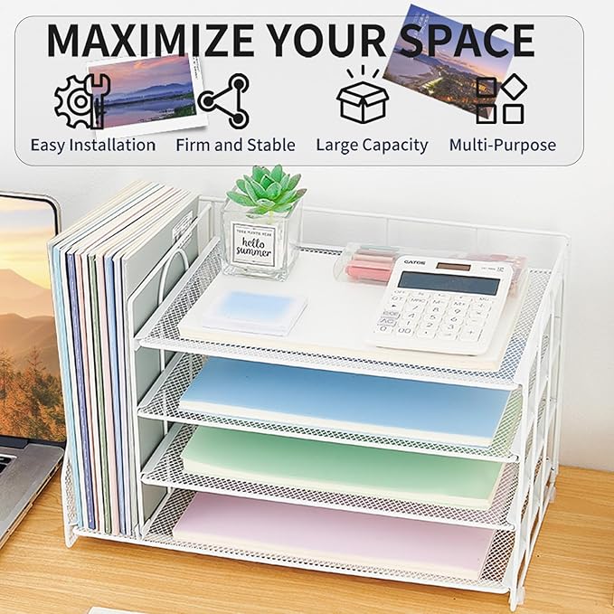 OPNCIE Desk Organizers and Accessories, 4 Tier Paper Letter Tray File Organizer, Office Organization Storage Desk Accessories Workspace Desktop Organizer for Classroom Office Supplies Decor, White