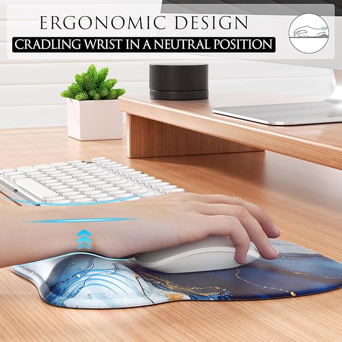 MROCO Ergonomic Mouse Pad with Gel Wrist Rest, Comfortable Mousepad with Smooth Wrist Support Surface and Non-Slip PU Base for Pain Relief, Computer, Laptop, Office & Home, 9.4 x 8.1 in, Blue Marble
