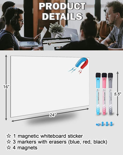 Magnetic Dry Erase Board, 16 x24 Inches Reusable White Board Sticker with Markers and Magnets, Whiteboard Wallpaper for Fridge and Wall, Dry Erase Paper for Kids, Kitchen, Office, Classroom