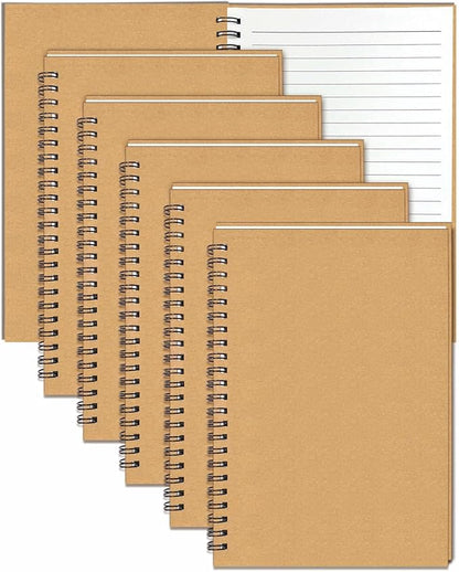 GINMLYDA 6Pack Small Spiral Notebook A5, 8.25x5.5” 120 Lined Pages Wide Ruled Spiral Journal Bulk Blank Kraft Cover Spiral Bound Notebook & Writing Pads for Home Office Meeting Work Note Taking
