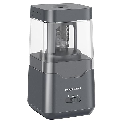 Amazon Basics Portable Electric Pencil Sharpener, Helical Blade, Auto Stop, Battery/USB Cord Operated, Black, 2.87 x 2.87 x 5.3 in
