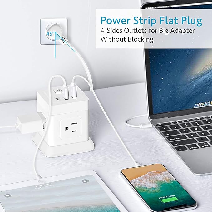BEVA Power Strip with USB - 10ft Long Extension Cord with 4 Widely Spaced Outlets and 3 USB Ports Cube Desktop Charging Station, Overload Protection, Compact for Travel, Cruise Ship and Dorm