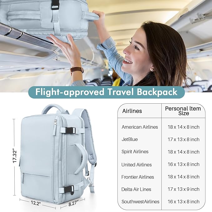 Travel Backpack for Men Women, TSA Friendly Flight Approved Carry-on Luggage Hand Backpack Underseat Personal Item, Business Work Gym Bag, Travel Essentials, Light Blue