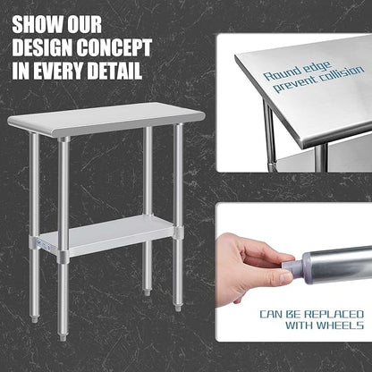 Hally Stainless Steel Table for Prep & Work 30 x 12 Inches, NSF Commercial Heavy Duty Table with Undershelf and Galvanized Legs for Restaurant, Home and Hotel