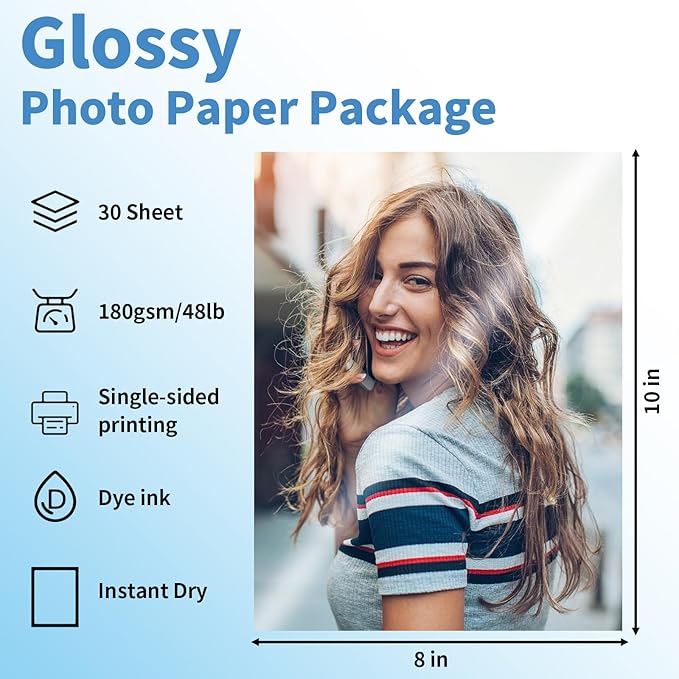 Glossy Photo Paper 8 x 10 inches, 30 Sheets Inkjet Photo Printer Paper, Instant Dry Picture Paper for DIY Chip Bag, Flyers, Cards, Calendars and Brochures(180gsm/48lb)