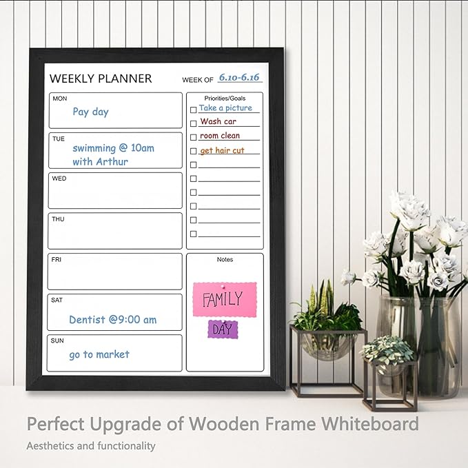 Dry Erase White Board Weekly Calendar Board, Magnetic Whiteboard for Wall,18“x24 Solid Wood Black Framed Message Board, Planner Board for Office, Home, School（Weekly-BB-BK-4560