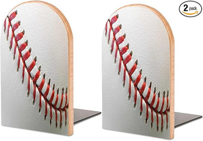 2 Pack Wood Bookends, Sport Ball Baseball Lace Non-Skid Book Ends for Heave Books, Decorative Bookends for Shelves Desk, Book Stoppers Book Holders for Home Office Library School