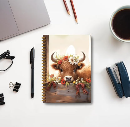 Floral Highland Cow Notebook - Western Cow Notebook, Highland Cow Office Supplies, Highland Cow Gifts, Cow Lover Gifts, Cute Cow Stuff, Farmhouse Highland Cow Spiral Notebook 5.5x8.3