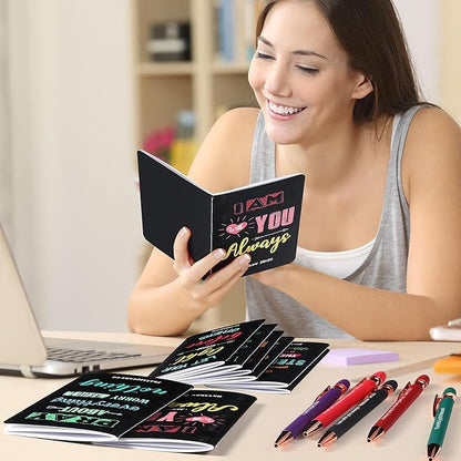 Funrous 32 Pcs Motivational Quote Pens Inspirational Notepads Mini Journal with Ballpoint Pen Small Notebooks Gift Set for Men Women Coworkers, Adult Party Favors Prizes Gift Bulk(Dark)