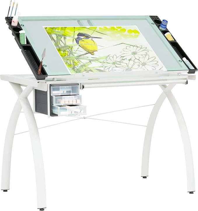 SD STUDIO DESIGNS Futura Craft Station 38" W Drawer and Built-in Pencil Ledge-Tilt Top Drafting Table, Glossy Sage/Clear Glass