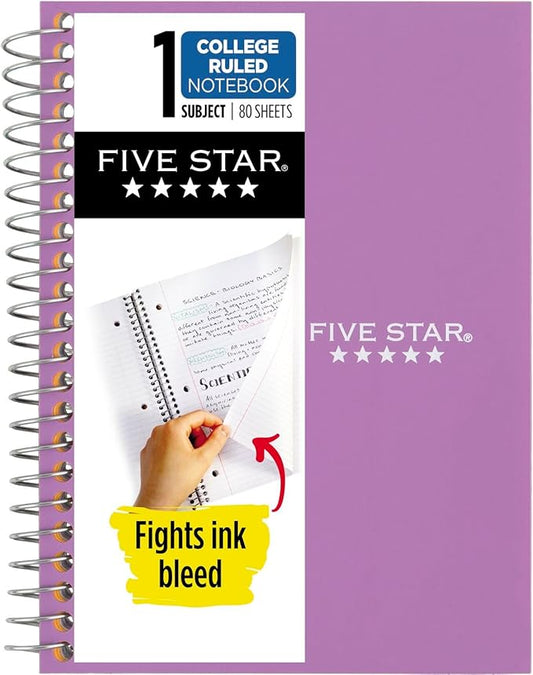 Five Star Spiral Notebook, 1 Subject, College Ruled Paper, 7" x 4-3/8", Personal Size, 80 Sheets, Purple (450048CF1-ECM)